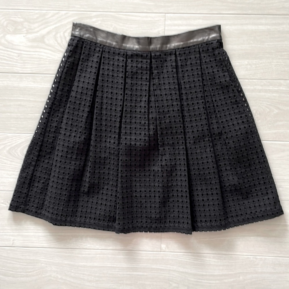 NWOT Rebecca Minkoff Black Cotton Eyelet Skirt w/ Leather Waistband